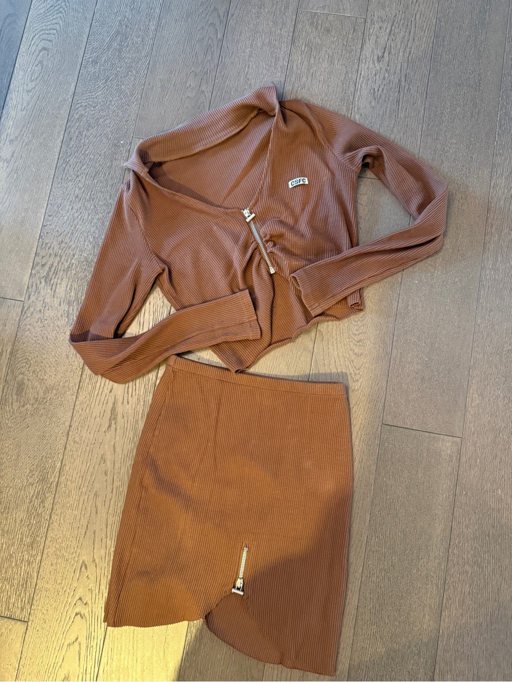 Ribbed Zip-Front Two-Piece Skirt Set in Brown